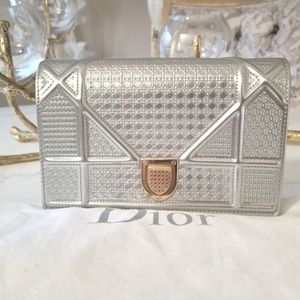 Authentic Christian Dior metallic silver patent micro cannage handbag